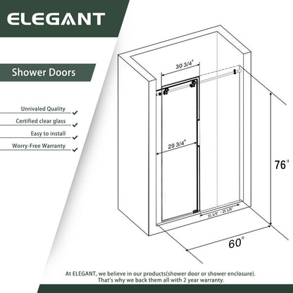 ELEGANT 60" x 76" Sliding Shower Doors, With Frameless Clear Tempered Glass Size Chart