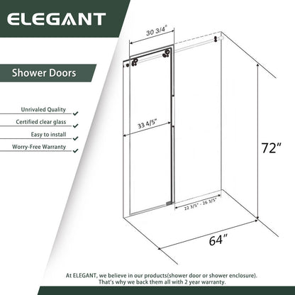 ELEGANT 64" x 72" Sliding Shower Doors, With Frameless Clear Tempered Glass Size Chart