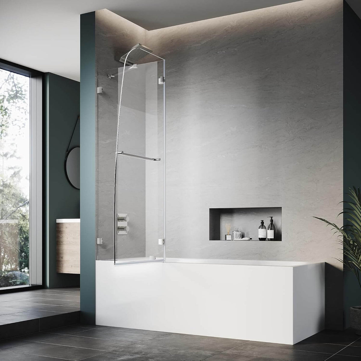 ELEGANT 48" x 58"  Chrome Finish Bathtub Hinged Shower Door for tub, With 1/4-inch Frameless Clear Tempered Glass