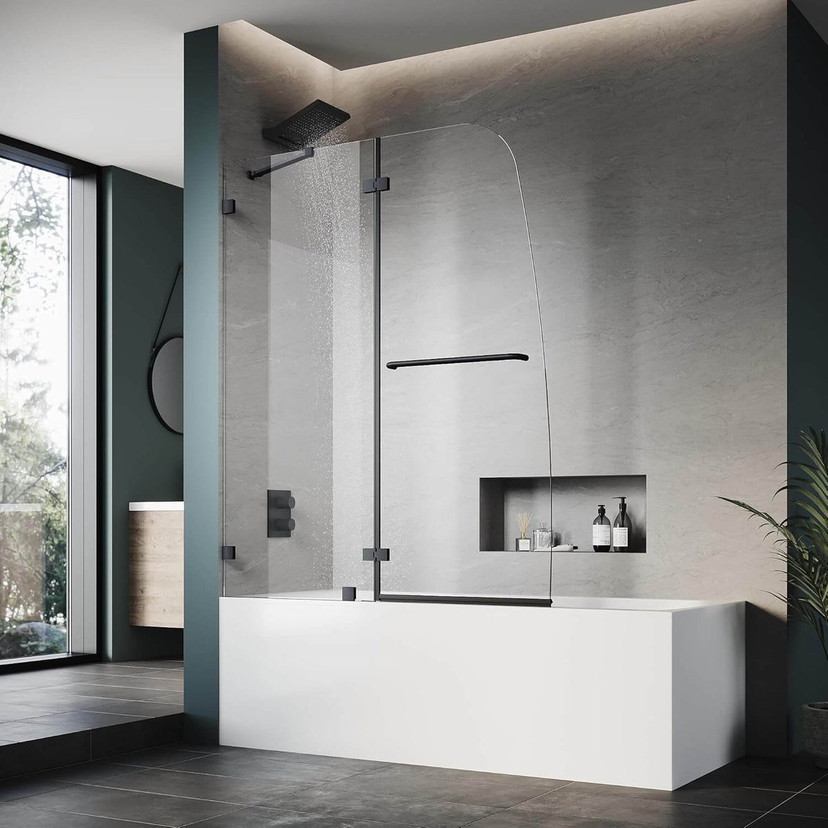 ELEGANT 48" x 58" Black Finish Bathtub Hinged Shower Door for tub, With 5/16-inch Frameless Clear Tempered Glass