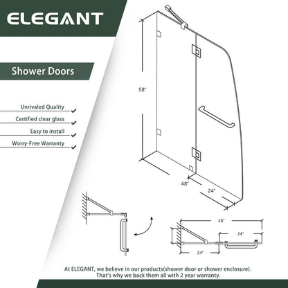 ELEGANT 48" x 58" Bathtub Hinged Shower Door for tub, With 5/16-inch Frameless Clear Tempered Glass Size Chart