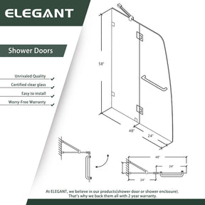 ELEGANT 48" x 58" Bathtub Hinged Shower Door for tub, With 5/16-inch Frameless Clear Tempered Glass Size Chart
