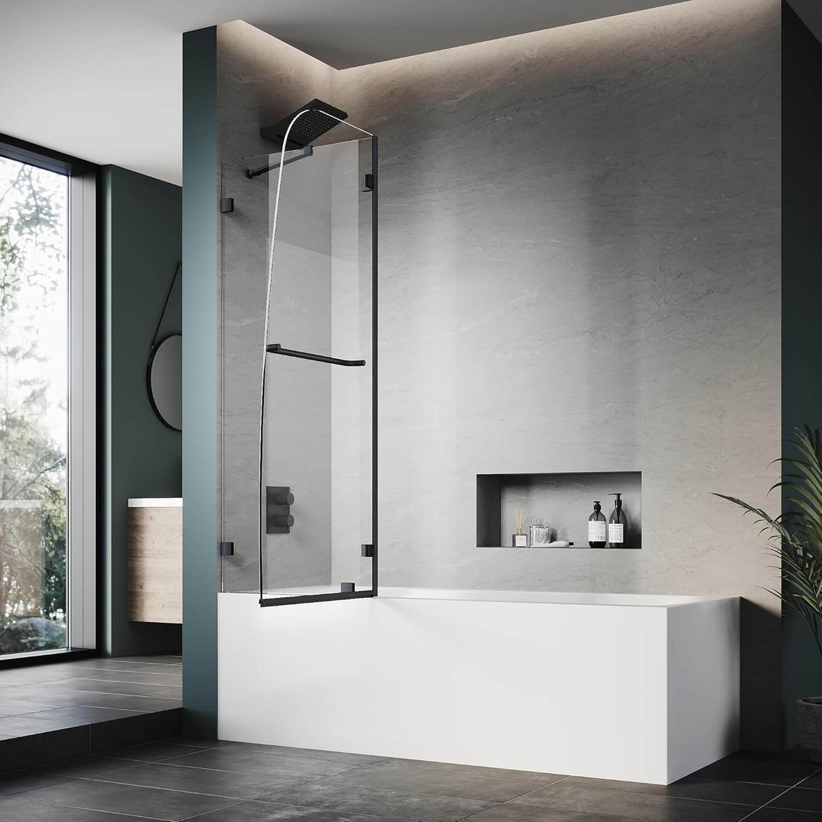 ELEGANT 48" x 58" Black Finish Bathtub Hinged Shower Door for tub, With 5/16-inch Frameless Clear Tempered Glass