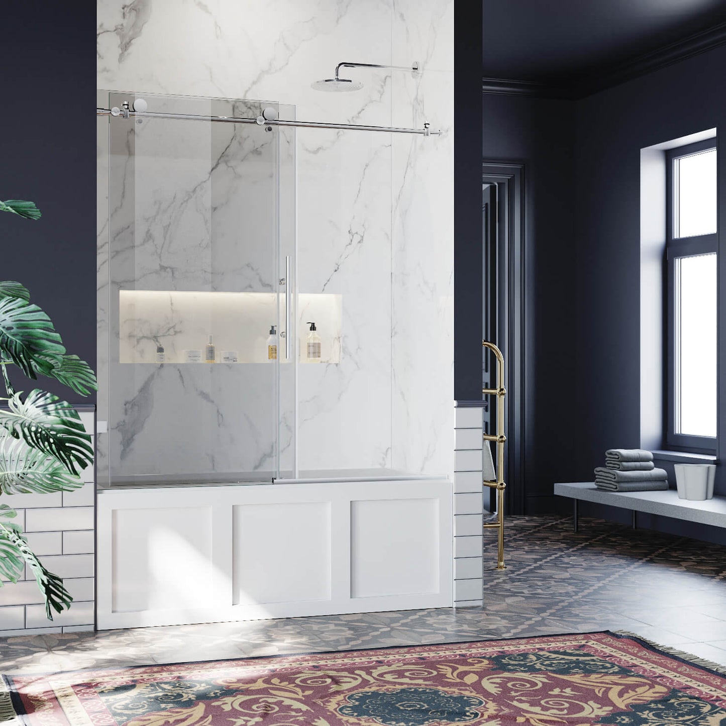 ELEGANT 60" x 62" Chrome Finish Bathtub Sliding Shower Door for tub, With 3/8-inch Frameless Clear Tempered Glass