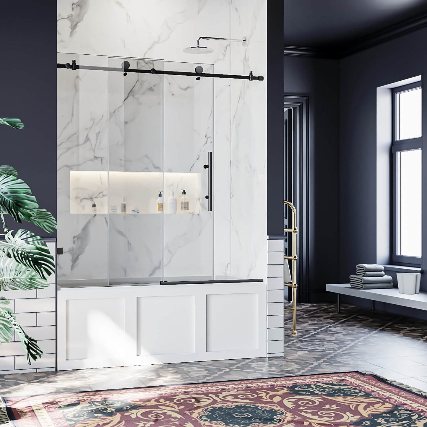 ELEGANT 60" x 62" Black Finish Bathtub Sliding Shower Door for tub, With 3/8-inch Frameless Clear Tempered Glass