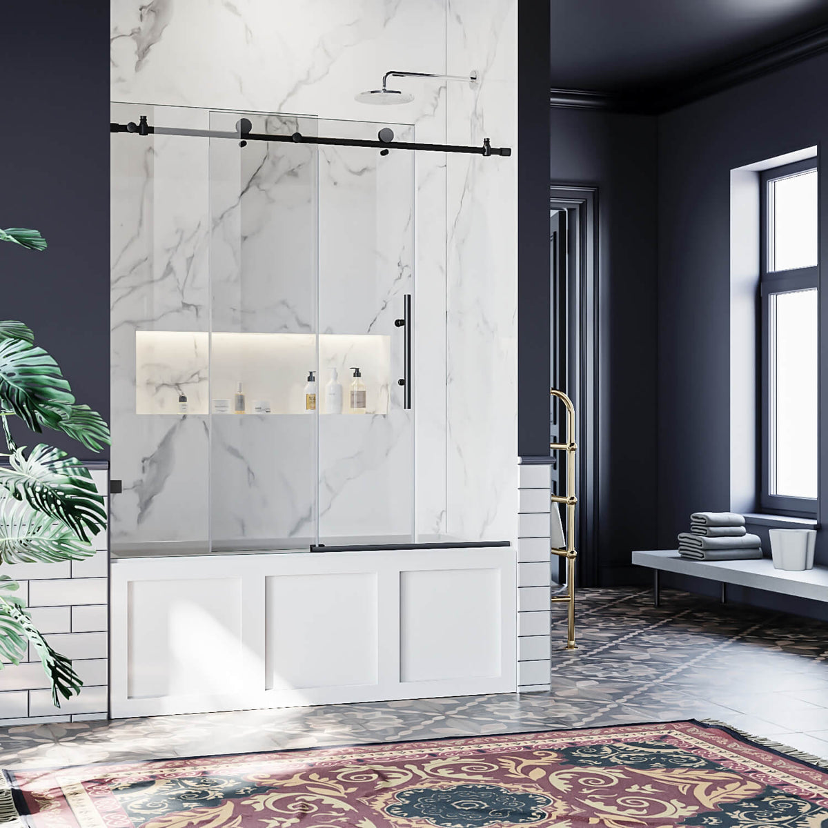 ELEGANT 60" x 62" Black Finish Bathtub Sliding Shower Door for tub, With 3/8-inch Frameless Clear Tempered Glass
