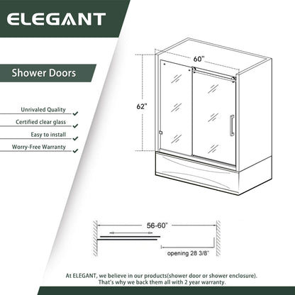 ELEGANT 60" x 62" Bathtub Sliding Shower Door for tub, With 5/16-inch Frameless Clear Tempered Glass Size Chart