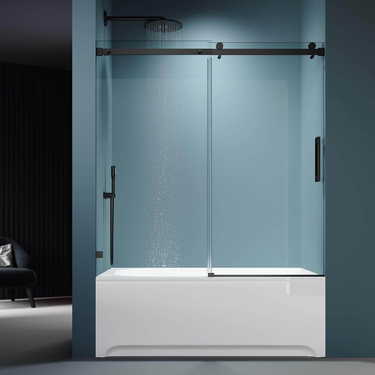 ELEGANT 60" x 62" Black Finish Bathtub Sliding Shower Door for tub, With 5/16-inch Frameless Clear Tempered Glass