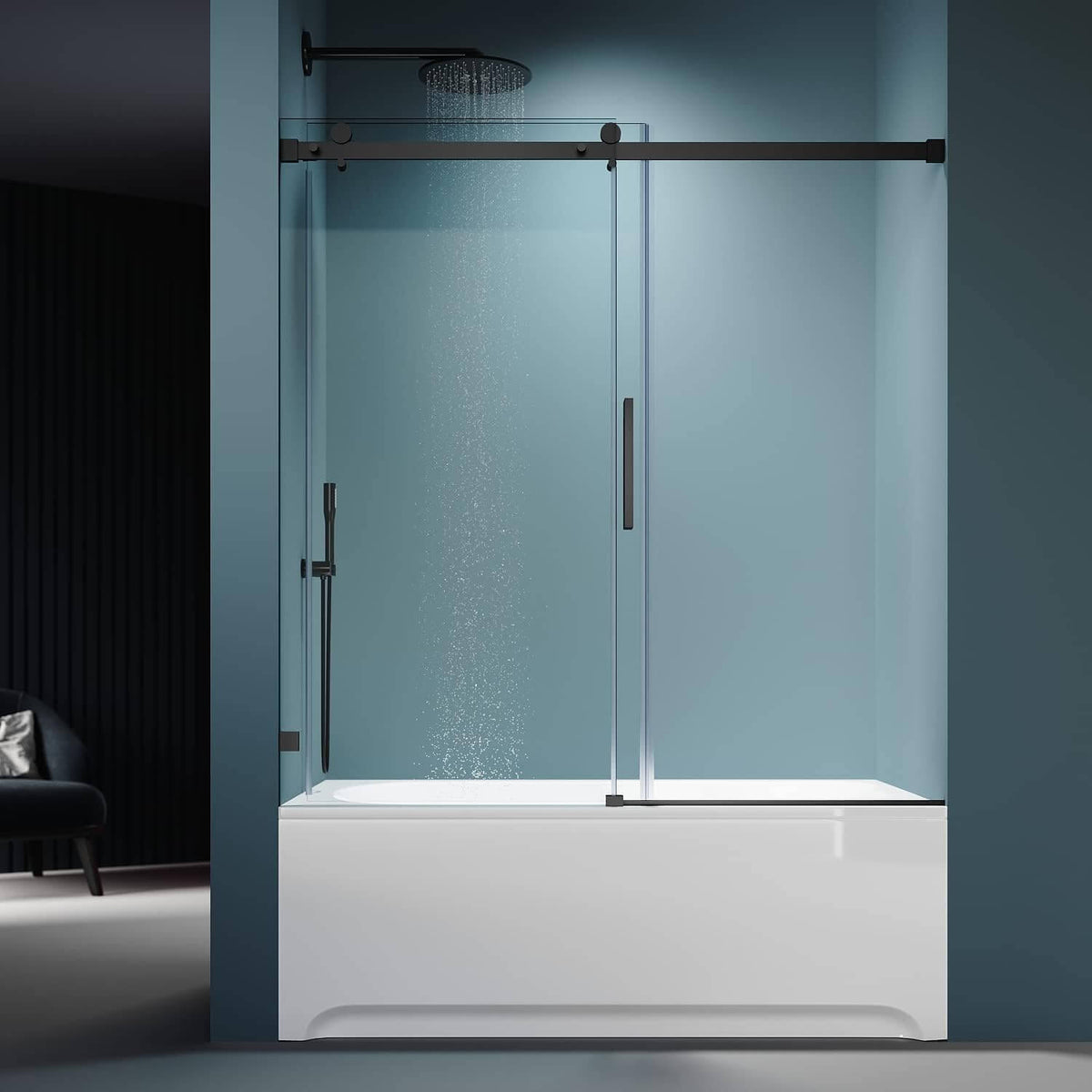 ELEGANT 60" x 62" Black Finish Bathtub Sliding Shower Door for tub, With 5/16-inch Frameless Clear Tempered Glass