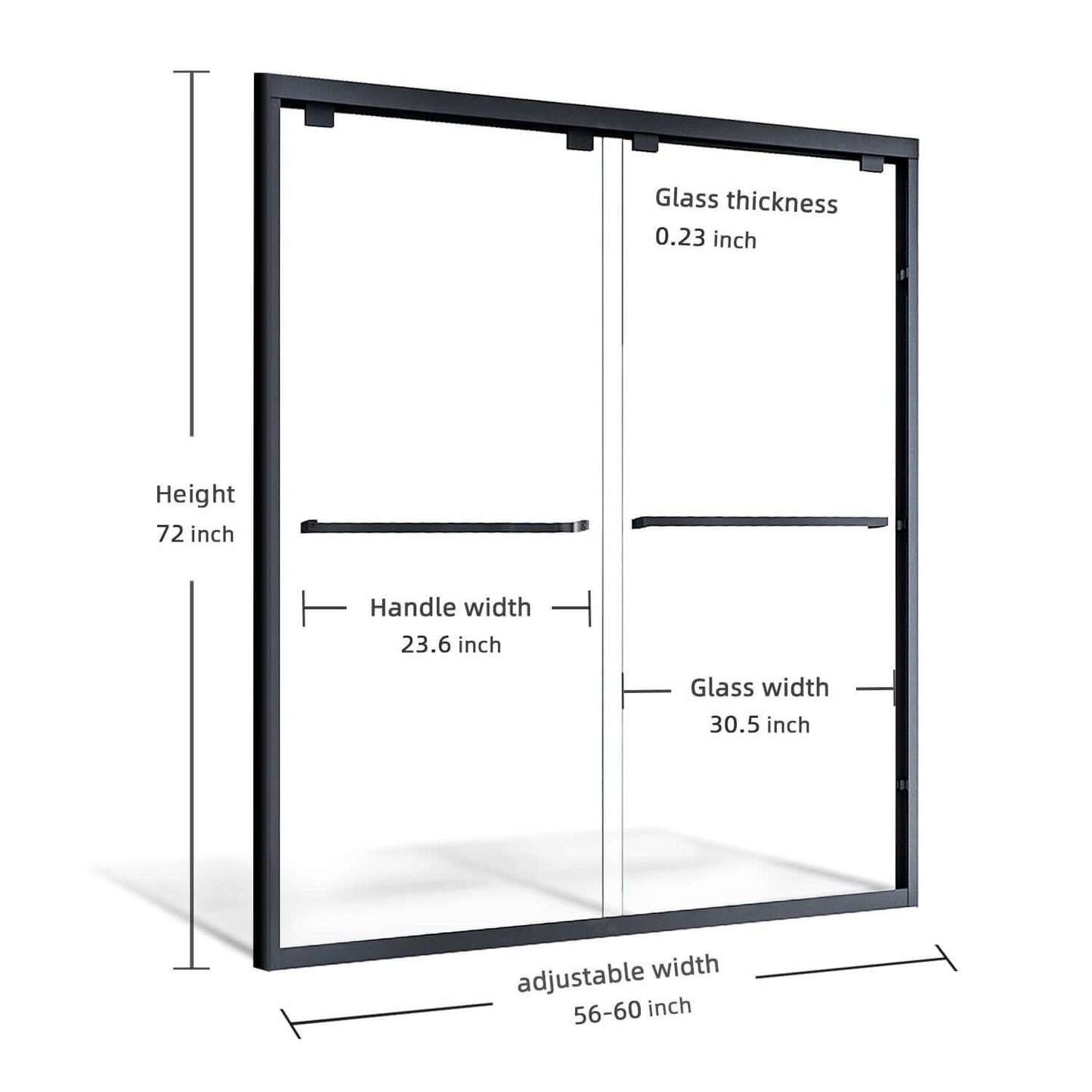 ELEGANT 60" x 72" Black Finish Double Sliding Shower Doors, With 1/4-inch Clear Tempered Glass Size Chart