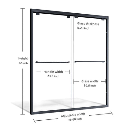 ELEGANT 60" x 72" Black Finish Double Sliding Shower Doors, With 1/4-inch Clear Tempered Glass Size Chart