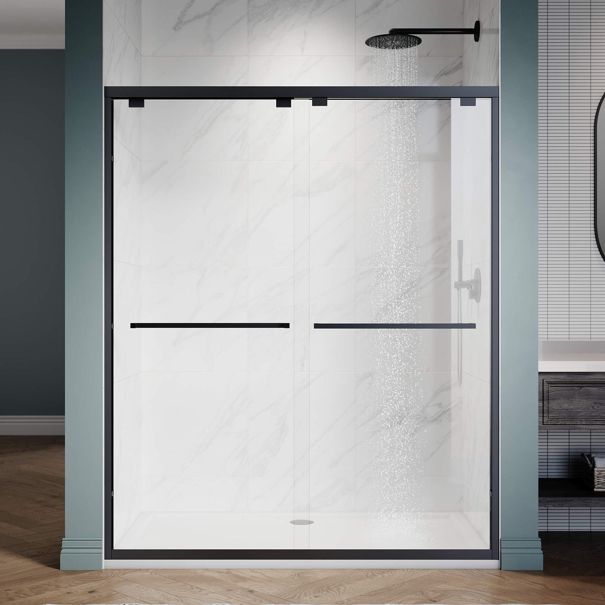 ELEGANT 60" x 72" Black Finish Double Sliding Shower Doors, With 1/4-inch Clear Tempered Glass