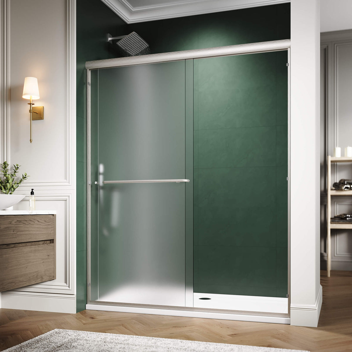 ELEGANT 60" x 72" Brushed Nickel Finish Double Sliding Shower Doors, With 1/4-inch Frosted Tempered Glass