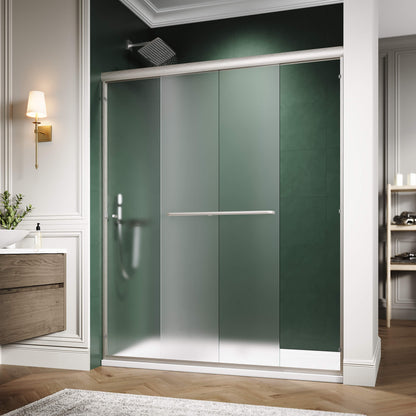 ELEGANT 60" x 72" Brushed Nickel Finish Double Sliding Shower Doors, With 1/4-inch Frosted Tempered Glass