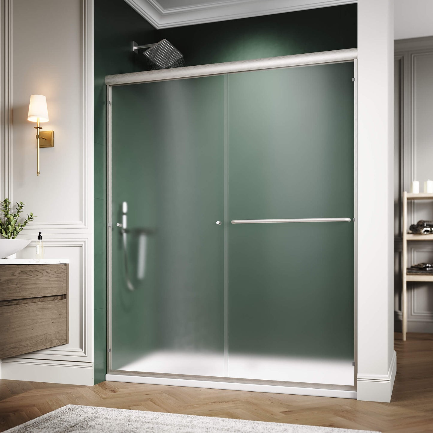 ELEGANT 60" x 72" Brushed Nickel Finish Double Sliding Shower Doors, With 1/4-inch Frosted Tempered Glass