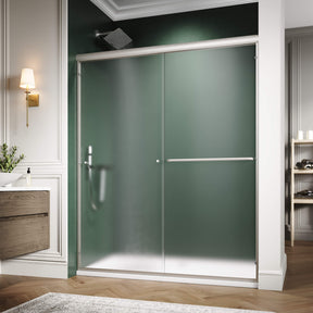 ELEGANT 60" x 72" Brushed Nickel Finish Double Sliding Shower Doors, With 1/4-inch Frosted Tempered Glass