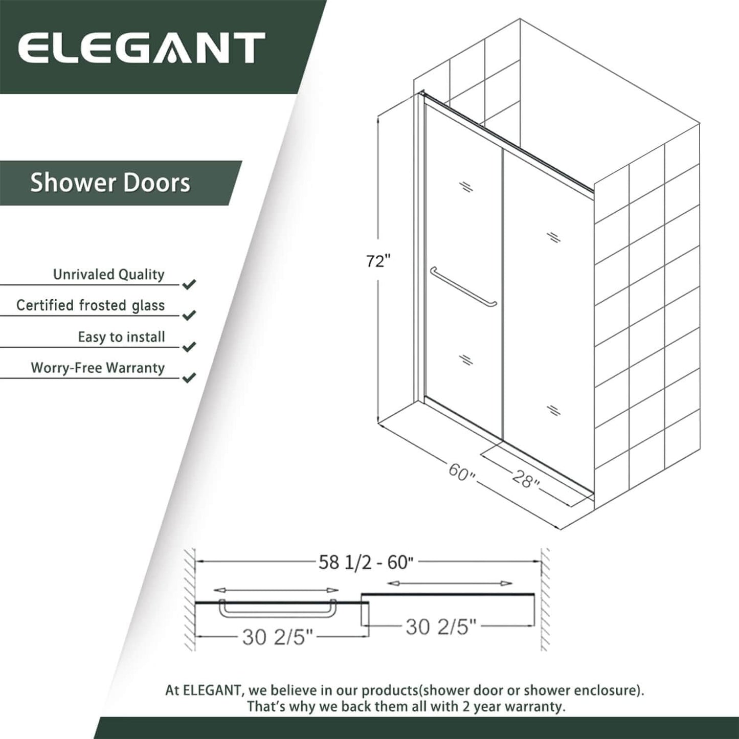 ELEGANT 60" x 72" Brushed Nickel Finish Double Sliding Shower Doors, With 1/4-inch Frosted Tempered Glass Size Chart