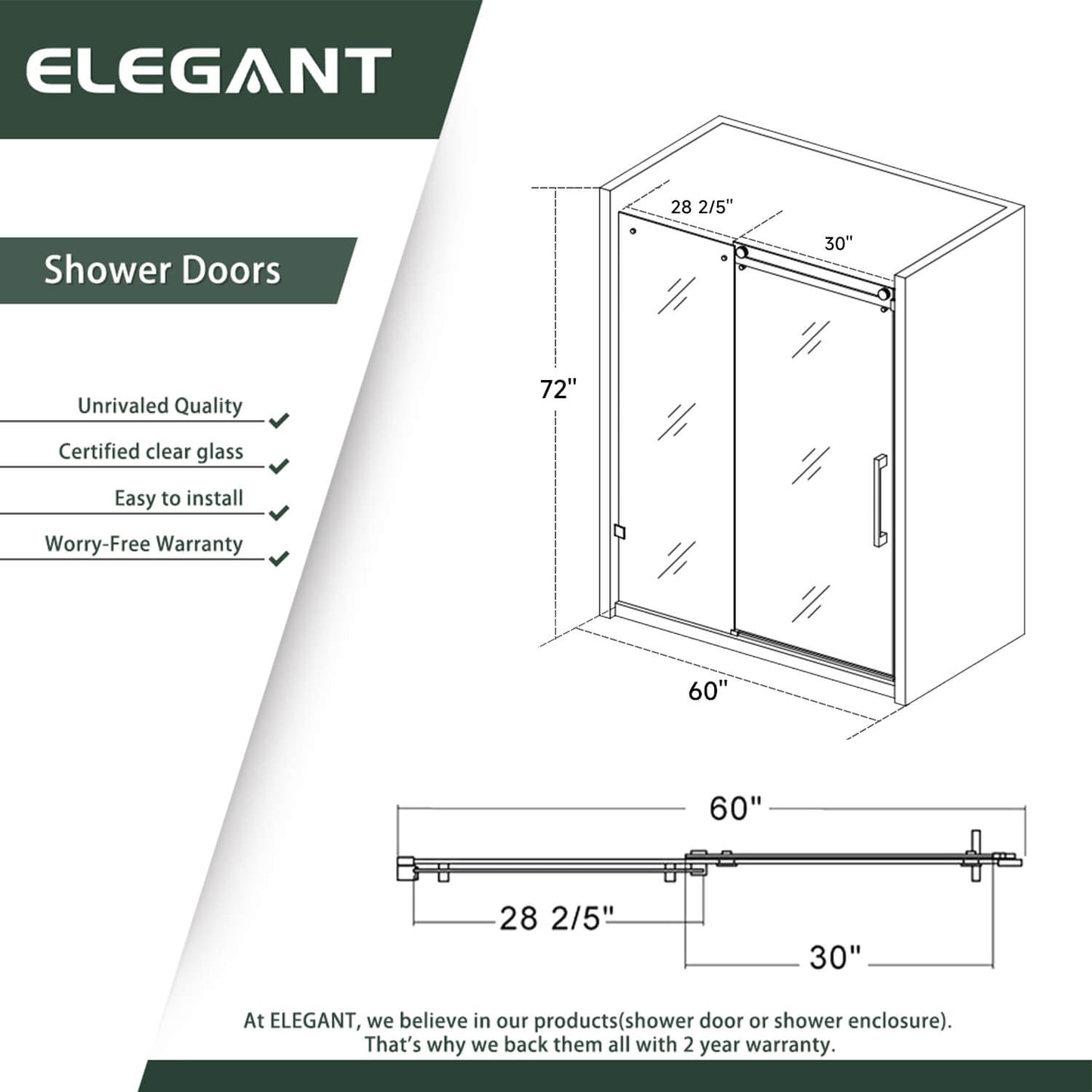 ELEGANT 60" x 72"Sliding Shower Doors, With 5/16-inch Frameless Clear Tempered Glass Size Chart