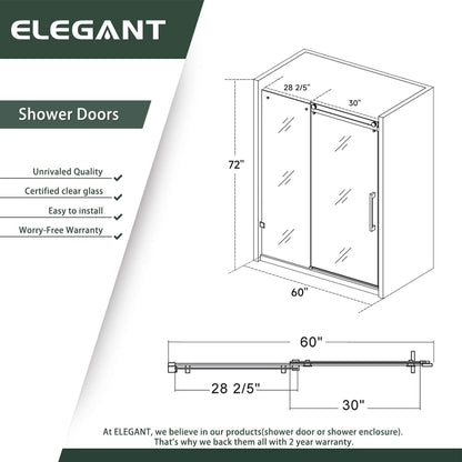 ELEGANT 60" x 72"Sliding Shower Doors, With 5/16-inch Frameless Clear Tempered Glass Size Chart