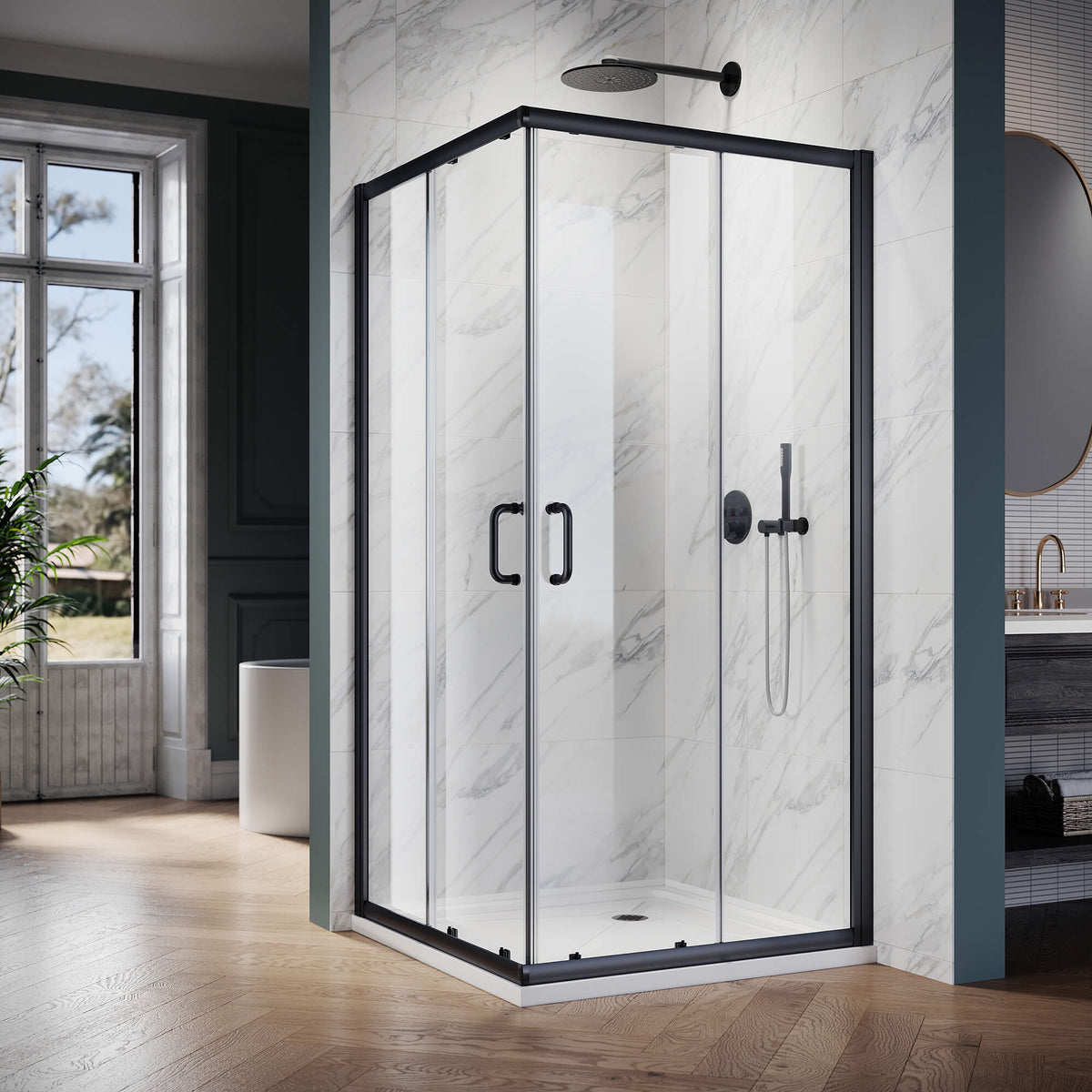 ELEGANT Black Finish Corner Square Shower Enclosure with 1/4 in. Clear Tempered Glass Double Sliding Shower Doors
