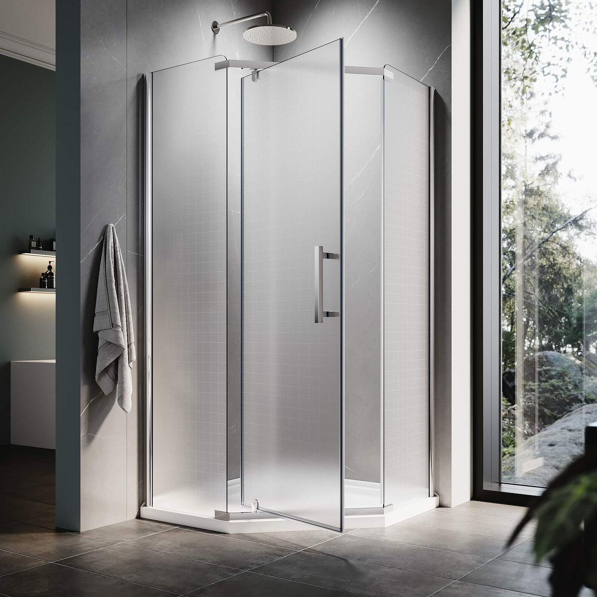ELEGANT Chrome Finish Corner Diamond Shower Enclosure with 36.5" W x 36.5" D x 72" H Frosted Pivot Doors