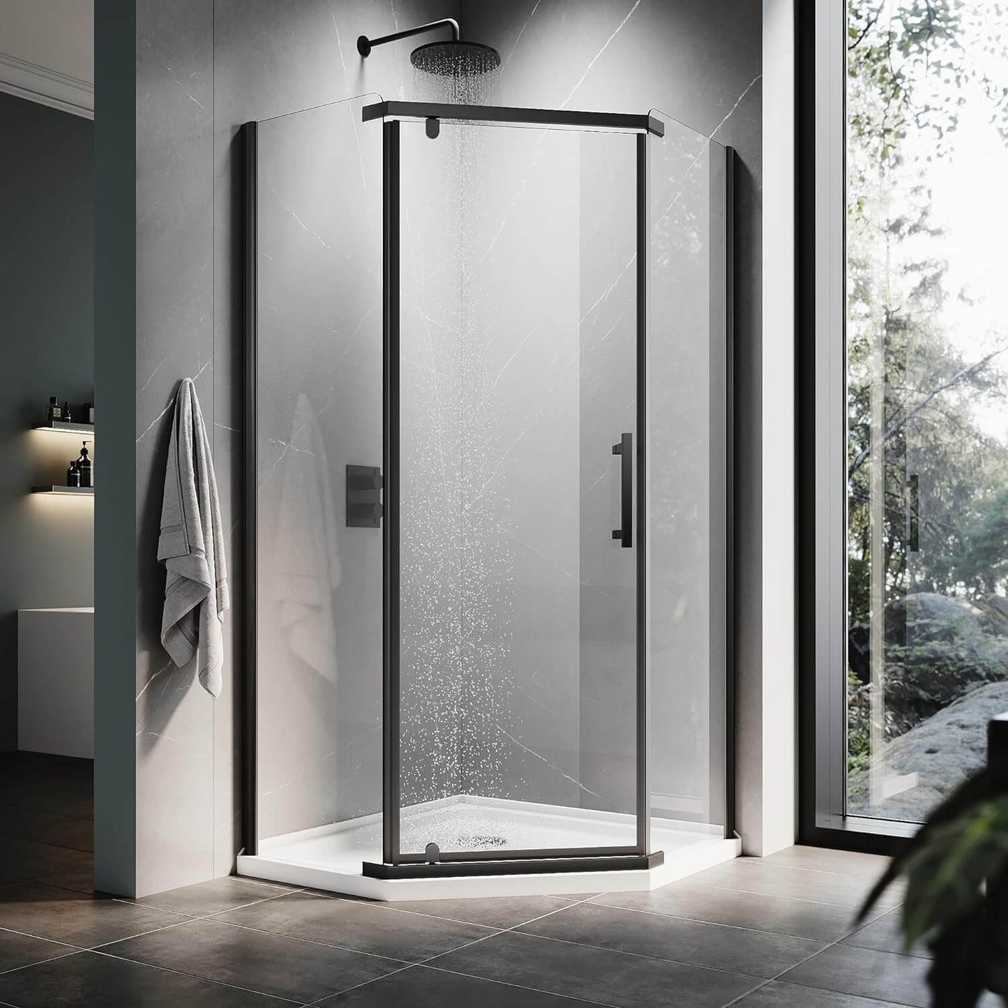 ELEGANT Black Finish Corner Diamond Shower Enclosure with 36.5" W x 36.5" D x 72" H Pivot Doors