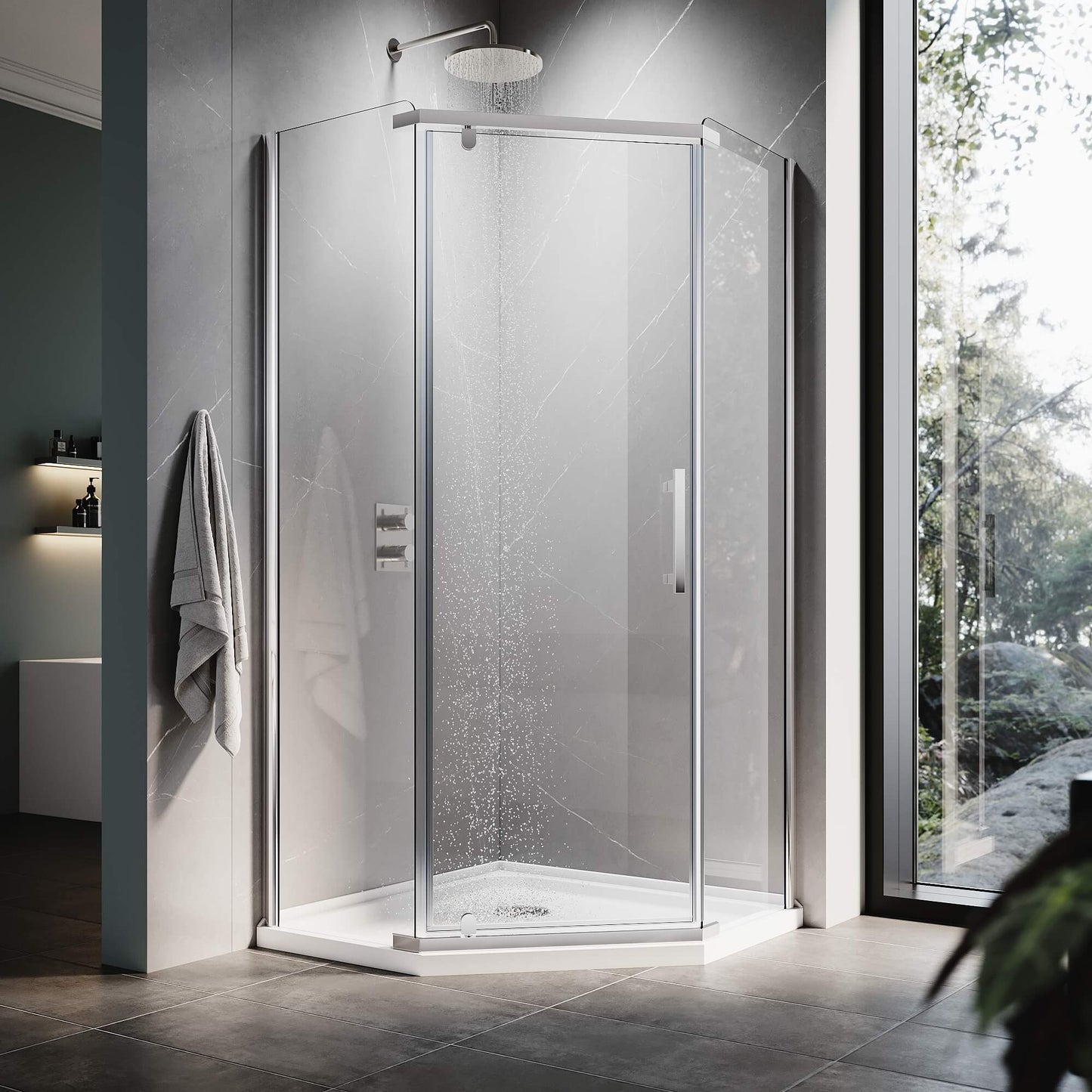 ELEGANT Chrome Finish Corner Diamond Shower Enclosure with 36.5" W x 36.5" D x 72" H Pivot Doors