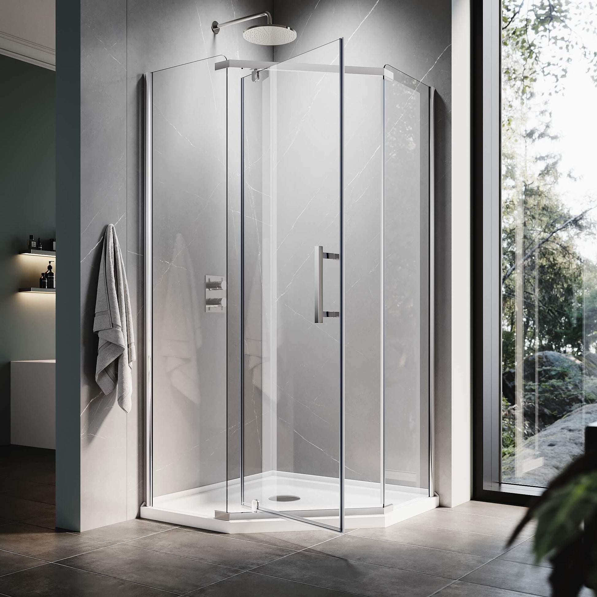 ELEGANT Chrome Finish Corner Diamond Shower Enclosure with 36.5" W x 36.5" D x 72" H Pivot Doors