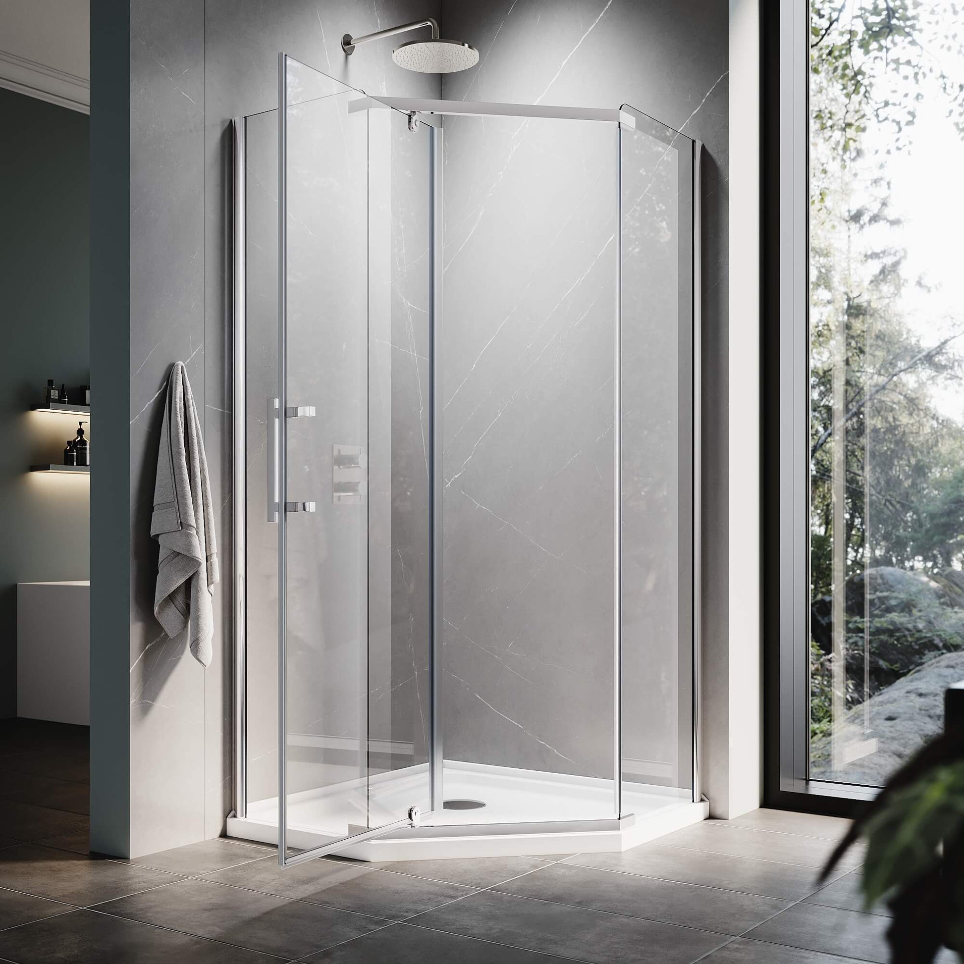 ELEGANT Chrome Finish Corner Diamond Shower Enclosure with 36.5" W x 36.5" D x 72" H Pivot Doors