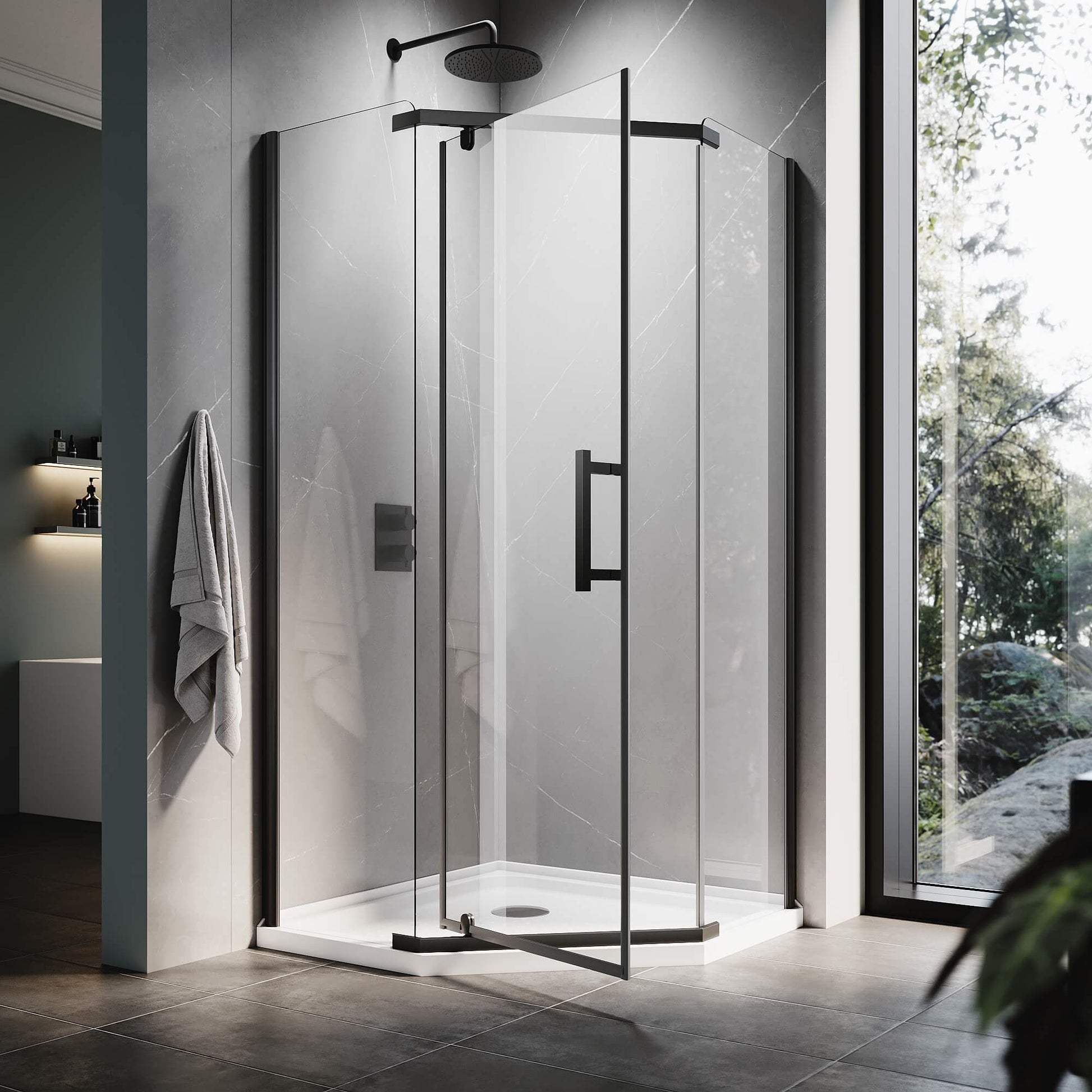 ELEGANT Black Finish Corner Diamond Shower Enclosure with 36.5" W x 36.5" D x 72" H Pivot Doors