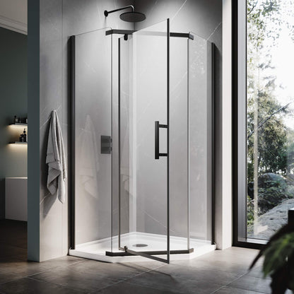 ELEGANT Black Finish Corner Diamond Shower Enclosure with 36.5" W x 36.5" D x 72" H Pivot Doors