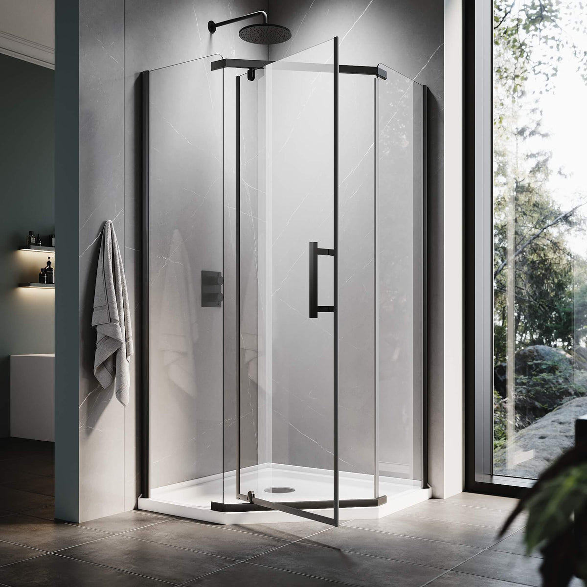 ELEGANT Black Finish Corner Diamond Shower Enclosure with 36.5" W x 36.5" D x 72" H Pivot Doors