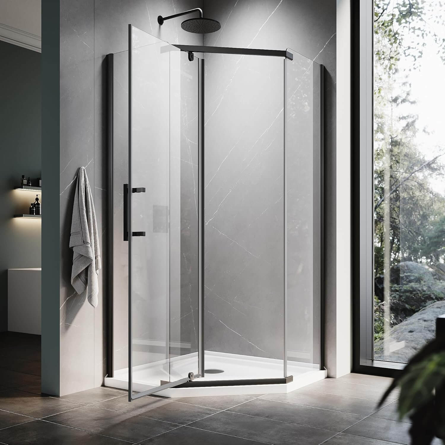 ELEGANT Black Finish Corner Diamond Shower Enclosure with 36.5" W x 36.5" D x 72" H Pivot Doors