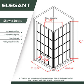 ELEGANT 36 in. W x 36 in. D x 72 in. H Corner Double Sliding Square Shower Enclosure Size Chart
