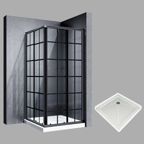 ELEGANT Black Brushed Nickel Corner Square Shower Enclosure with 1/4 in. Clear Tempered Glass Double Sliding Shower Doors And White Square Base