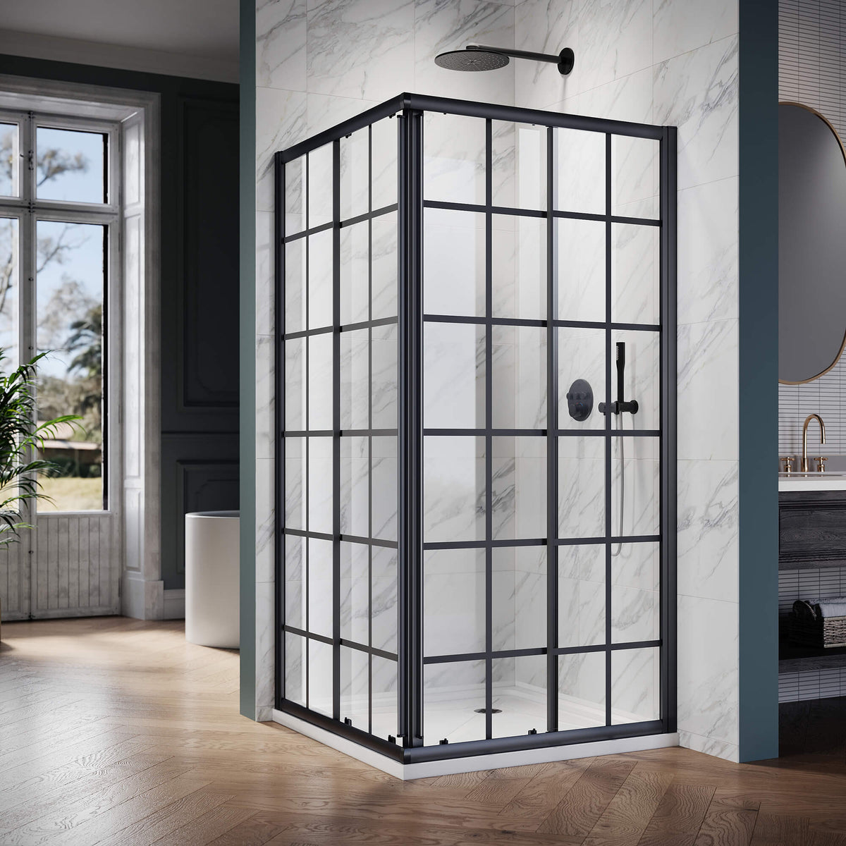 ELEGANT Black Brushed Nickel Corner Square Shower Enclosure with 1/4 in. Clear Tempered Glass Double Sliding Shower Doors