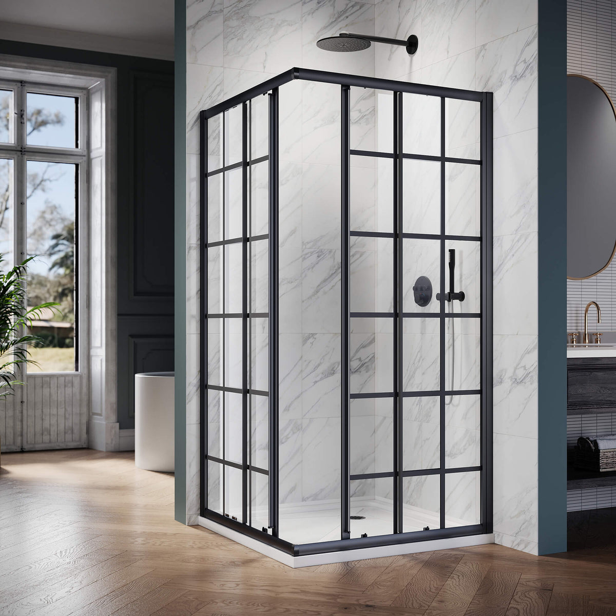 ELEGANT Black Brushed Nickel Corner Square Shower Enclosure with 1/4 in. Clear Tempered Glass Double Sliding Shower Doors