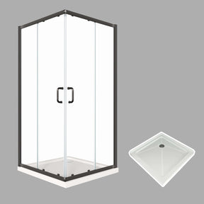ELEGANT Black Finish Corner Square Shower Enclosure with 1/4 in. Clear Tempered Glass Double Sliding Shower Doors And White Square Base