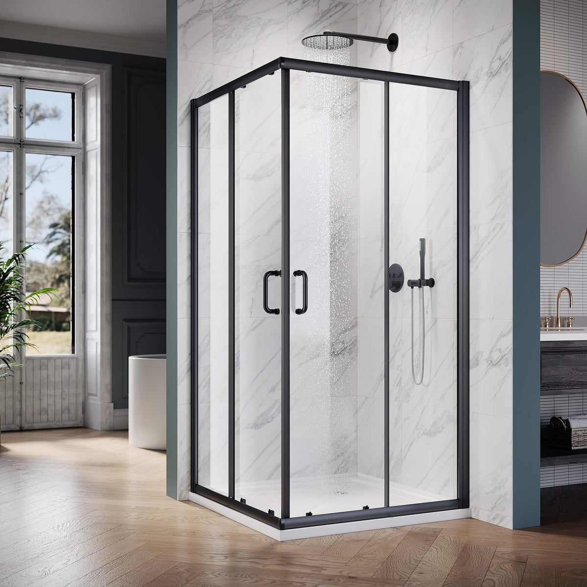 ELEGANT Black Finish Corner Square Shower Enclosure with 1/4 in. Clear Tempered Glass Double Sliding Shower Doors
