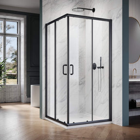 ELEGANT Black Finish Corner Square Shower Enclosure with 1/4 in. Clear Tempered Glass Double Sliding Shower Doors