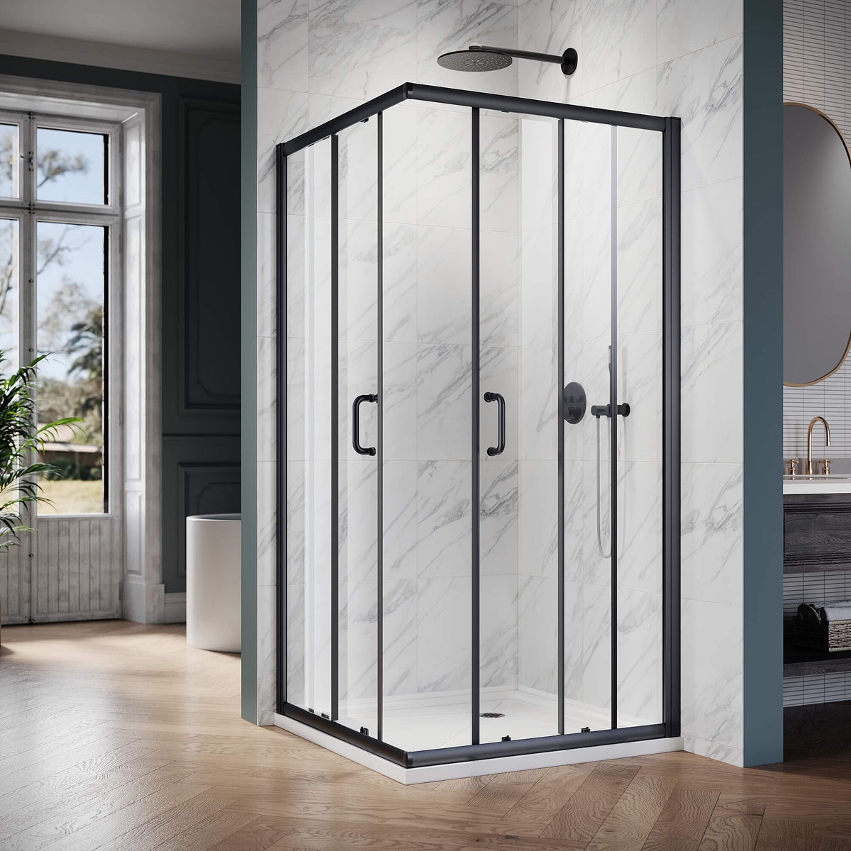 ELEGANT Black Finish Corner Square Shower Enclosure with 1/4 in. Clear Tempered Glass Double Sliding Shower Doors