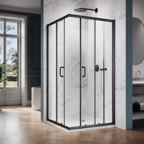 ELEGANT Black Finish Corner Square Shower Enclosure with 1/4 in. Clear Tempered Glass Double Sliding Shower Doors