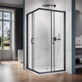 ELEGANT Black Finish Corner Square Shower Enclosure with 1/4 in. Clear Tempered Glass Double Sliding Shower Doors