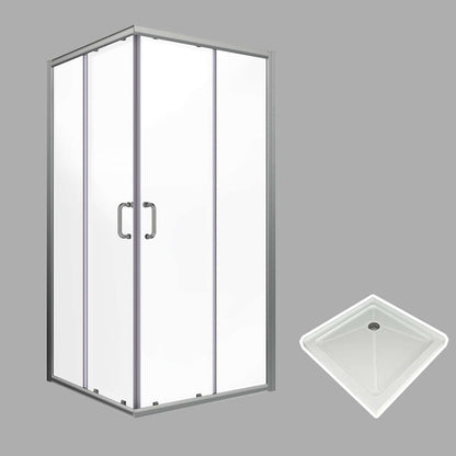 ELEGANT Brushed Nickel Finish Corner Square Shower Enclosure with 1/4 in. Clear Tempered Glass Double Sliding Shower Doors And White Square Base