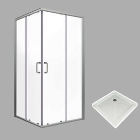 ELEGANT Brushed Nickel Finish Corner Square Shower Enclosure with 1/4 in. Clear Tempered Glass Double Sliding Shower Doors And White Square Base