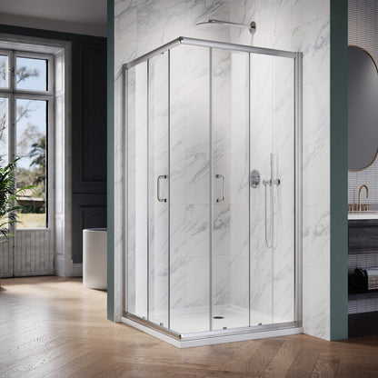 ELEGANT Brushed Nickel Finish Corner Square Shower Enclosure with 1/4 in. Clear Tempered Glass Double Sliding Shower Doors