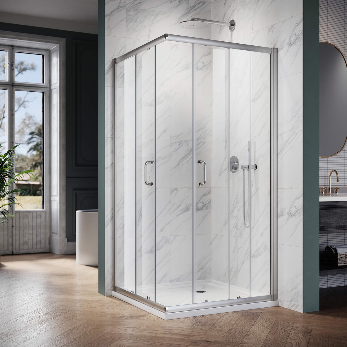 ELEGANT Brushed Nickel Finish Corner Square Shower Enclosure with 1/4 in. Clear Tempered Glass Double Sliding Shower Doors