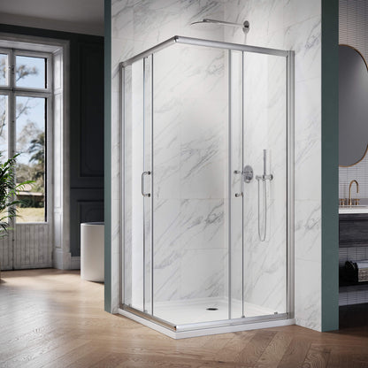 ELEGANT Brushed Nickel Finish Corner Square Shower Enclosure with 1/4 in. Clear Tempered Glass Double Sliding Shower Doors