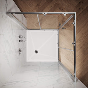 ELEGANT Brushed Nickel Finish Corner Square Shower Enclosure with 1/4 in. Clear Tempered Glass Double Sliding Shower Doors Overhead View