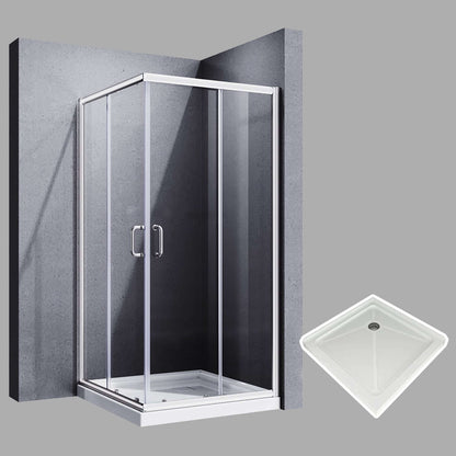 ELEGANT Chrome Finish Corner Square Shower Enclosure with 1/4 in. Clear Tempered Glass Double Sliding Shower Doors And White Square Base